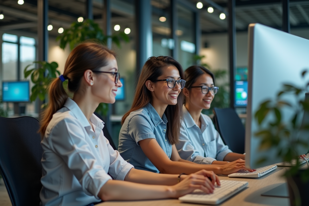 Groupe de collègues autour d un ordinateur dans un bureau moderne