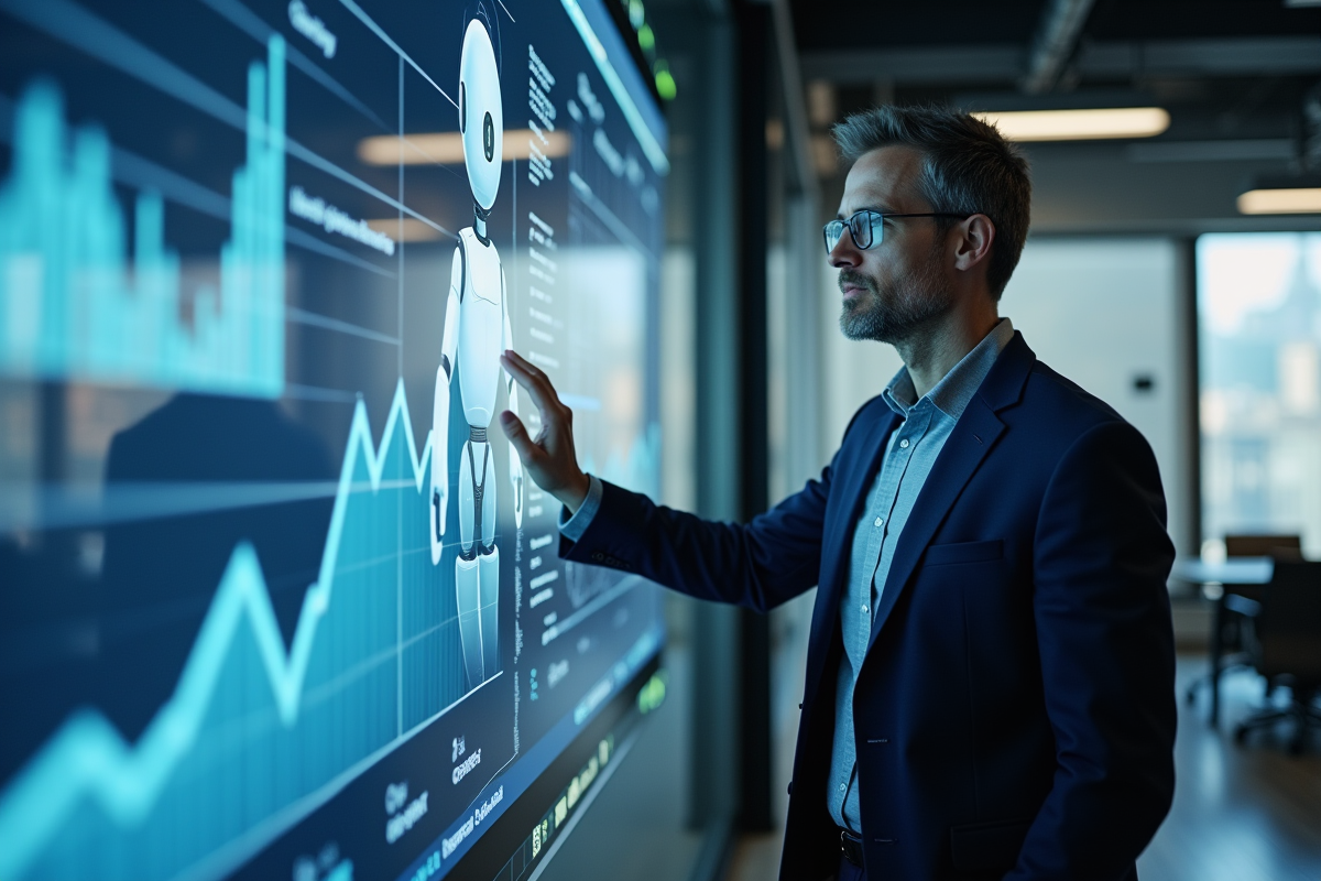 Homme d affaires regardant un affichage digital d analytics