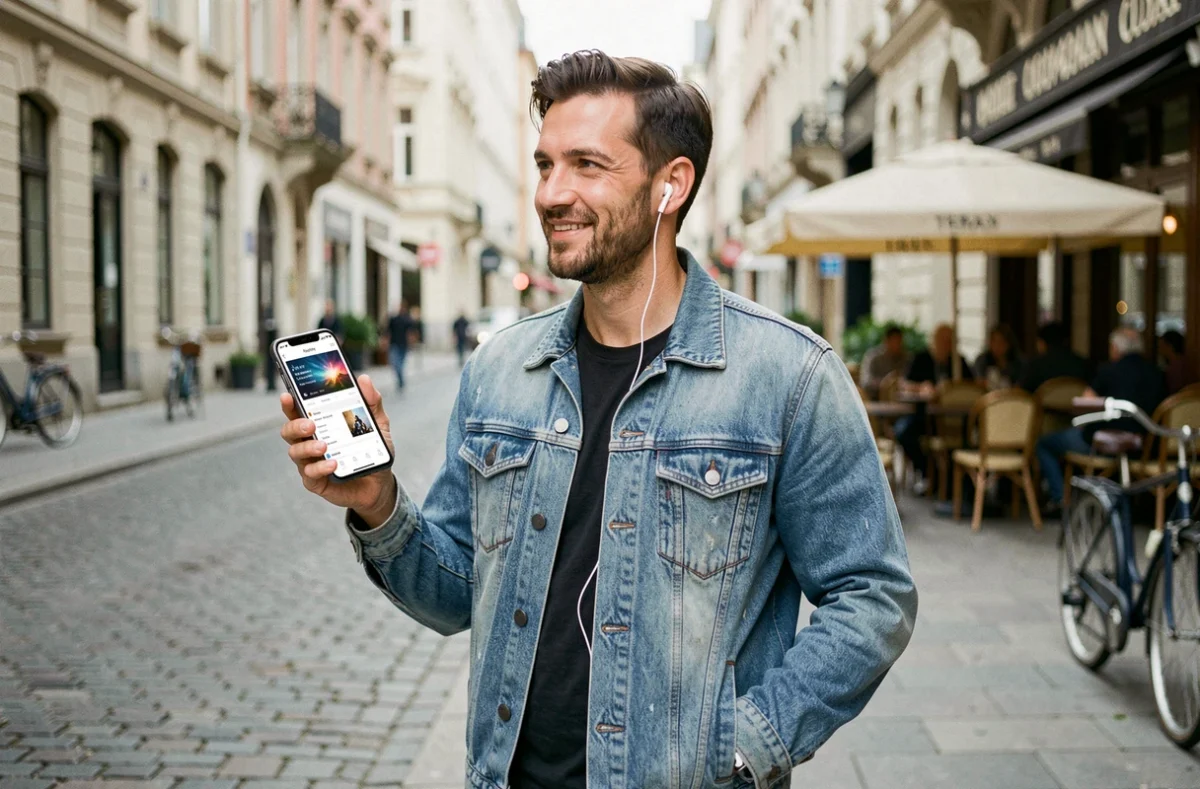 Homme écoutant de la musique via une application de streaming sur smartphone dans une rue de ville