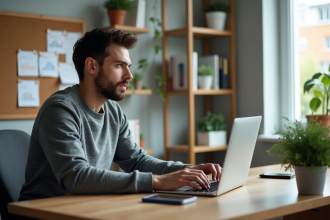 Homme concentré travaillant sur son ordinateur dans un bureau lumineux