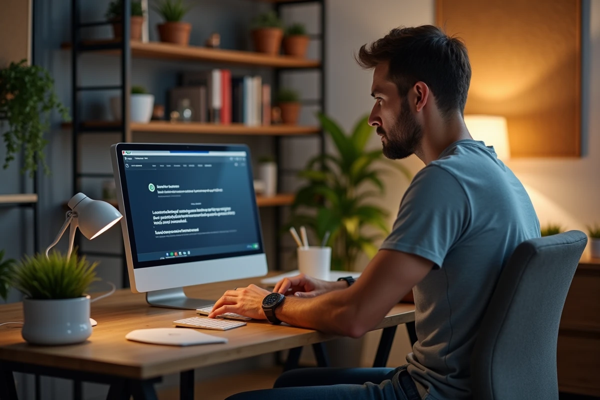 Homme d'âge moyen au bureau avec erreur réseau sur son ordinateur