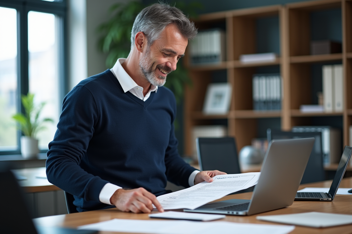 Homme d age examinant des documents dans un bureau lumineux