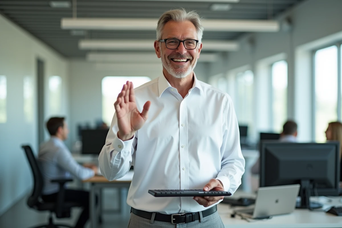 Homme d affaires montrant une astuce clavier dans un bureau lumineux