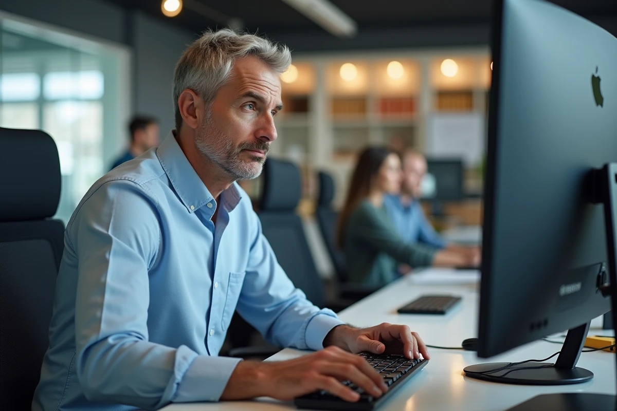 Homme au bureau utilisant un ordinateur de bureau pour saisir un arobase