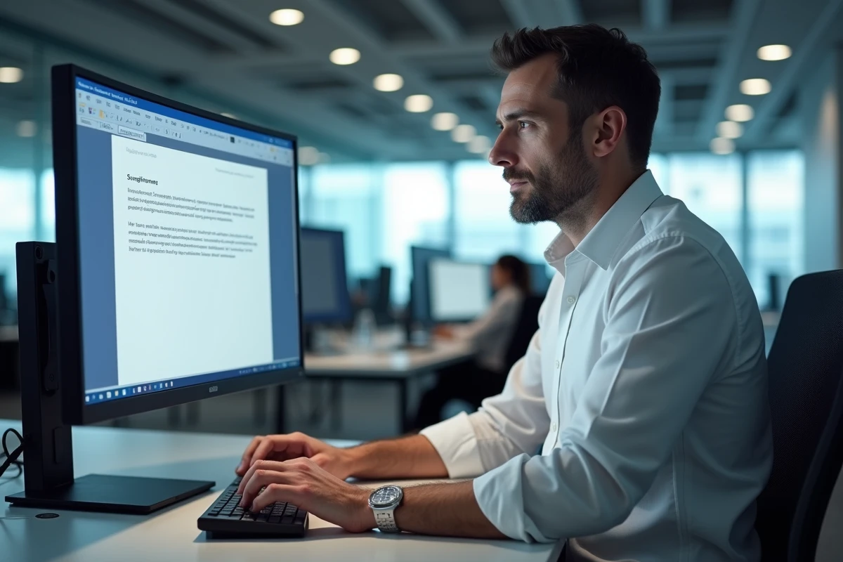Homme en bureau professionnel analysant une page blanche sur un document Microsoft Word sur double écran