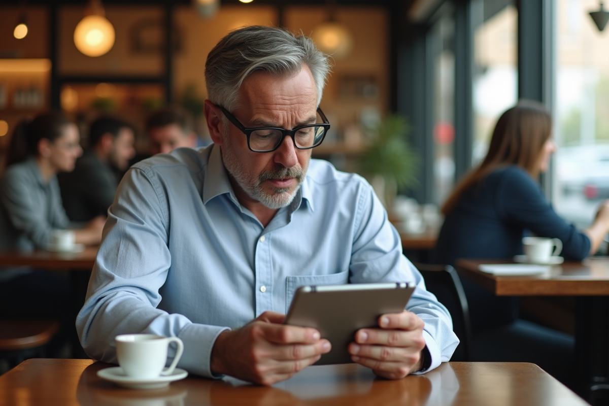 Homme surpris regardant une alerte de phishing sur sa tablette au café