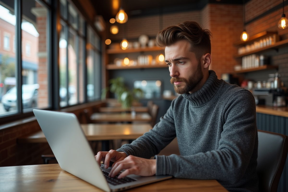 Jeune homme concentré travaillant dans un café animé