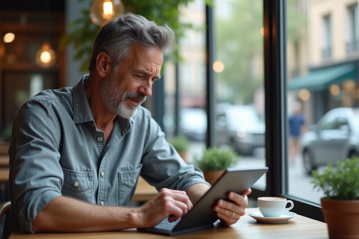 Homme utilisant une tablette dans un café lumineux