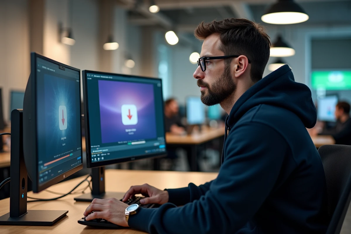 Homme comparant deux interfaces de convertisseurs YouTube sans publicité sur un double écran dans un espace de coworking