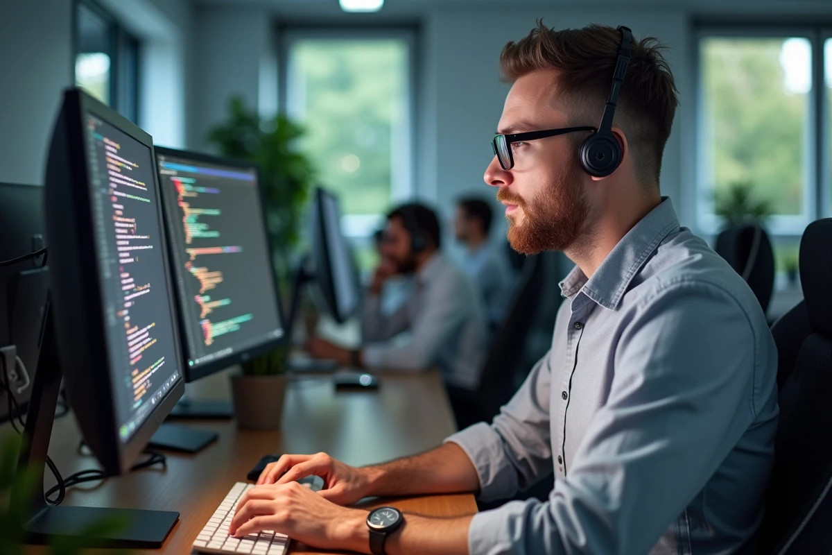 Homme concentré configurant Python sur un ordinateur dans un espace partagé