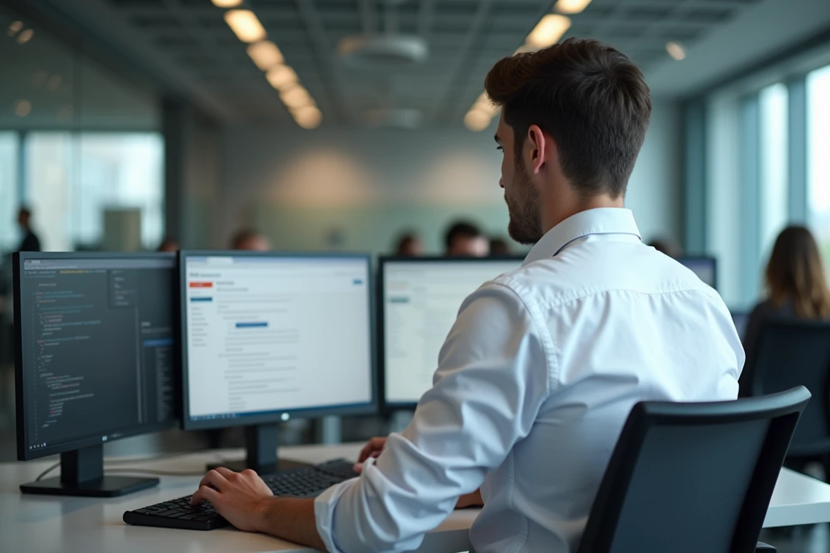 Homme configurant la redirection d emails dans un espace de travail professionnel