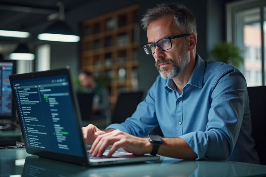 Homme d'âge moyen configurant un pare-feu sur un ordinateur portable