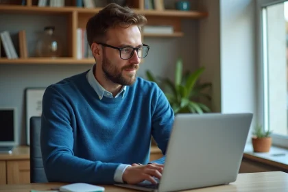 Homme en sweater bleu configure la securite wifi a son bureau