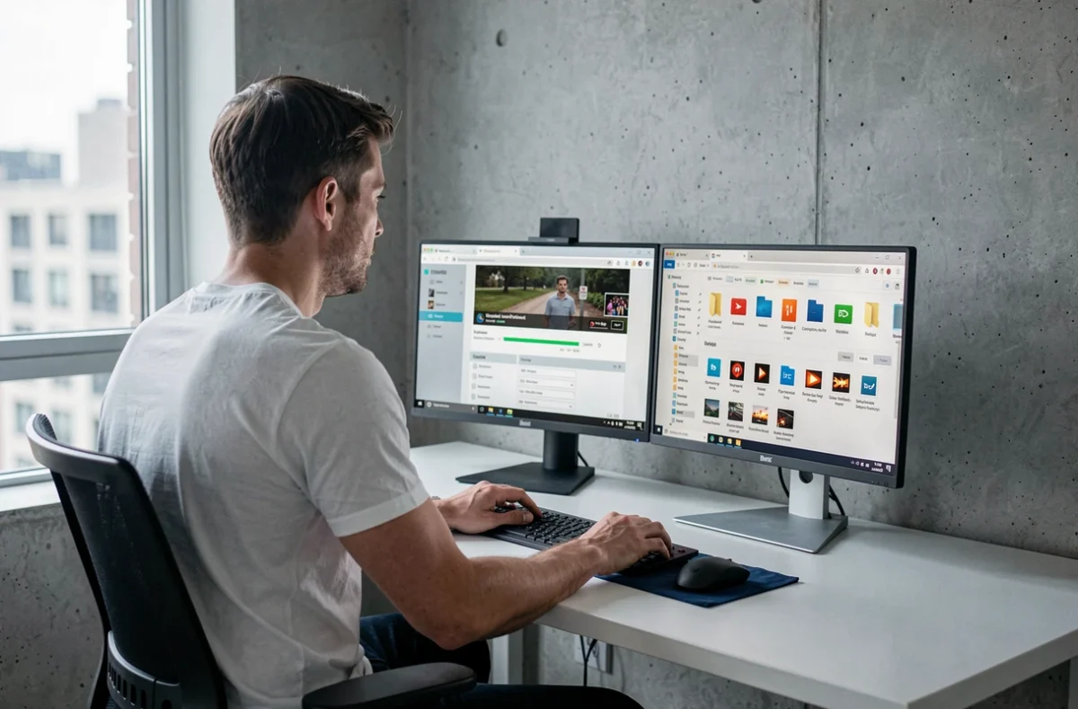 Homme utilisant un convertisseur vidéo en ligne sur un double écran pour convertir en MP4