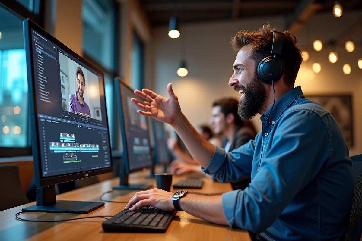 Homme barbu en coworking gesticulant devant un moniteur vidéo