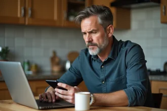 Homme d'âge moyen dans une cuisine regardant son ordinateur
