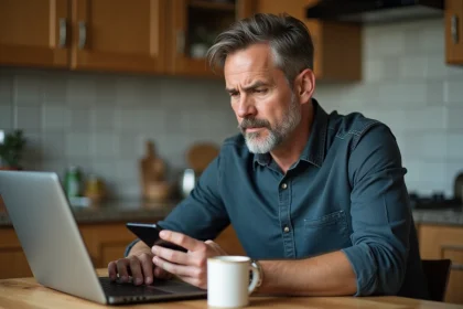 Homme d'âge moyen dans une cuisine regardant son ordinateur