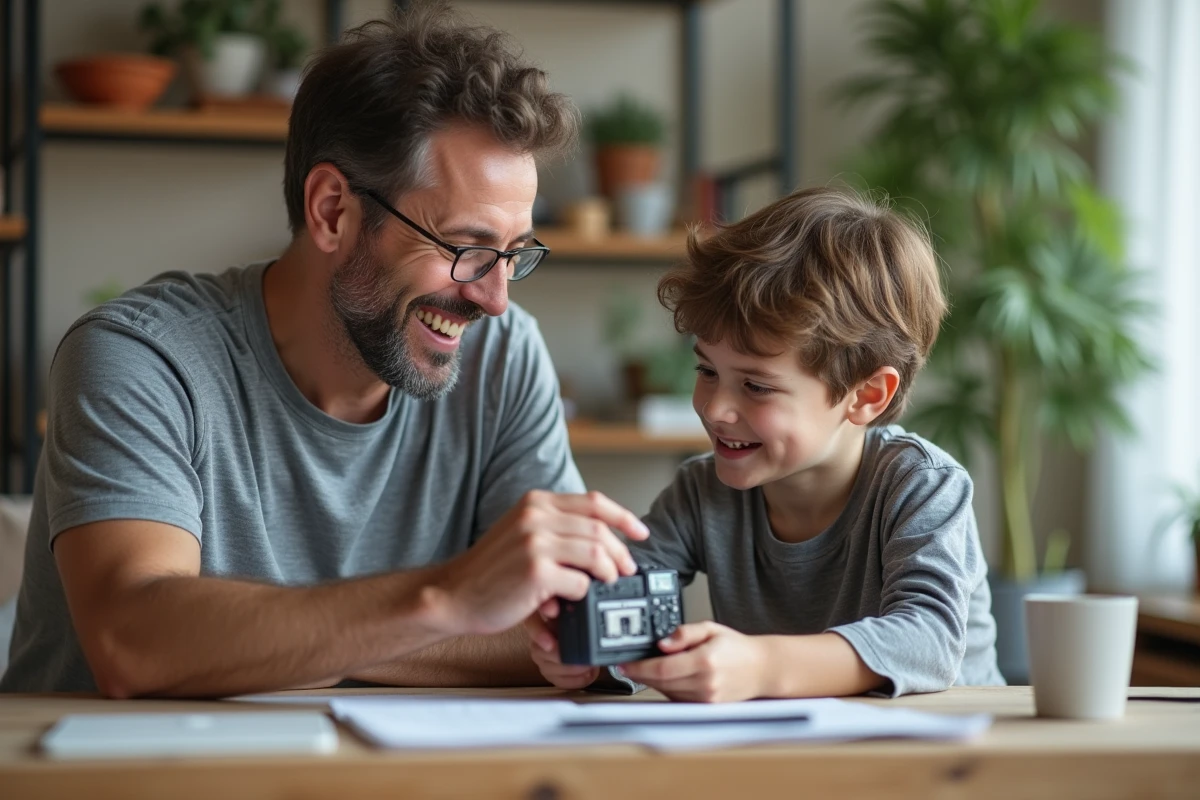 Homme montre un gadget domotique à un enfant curieux
