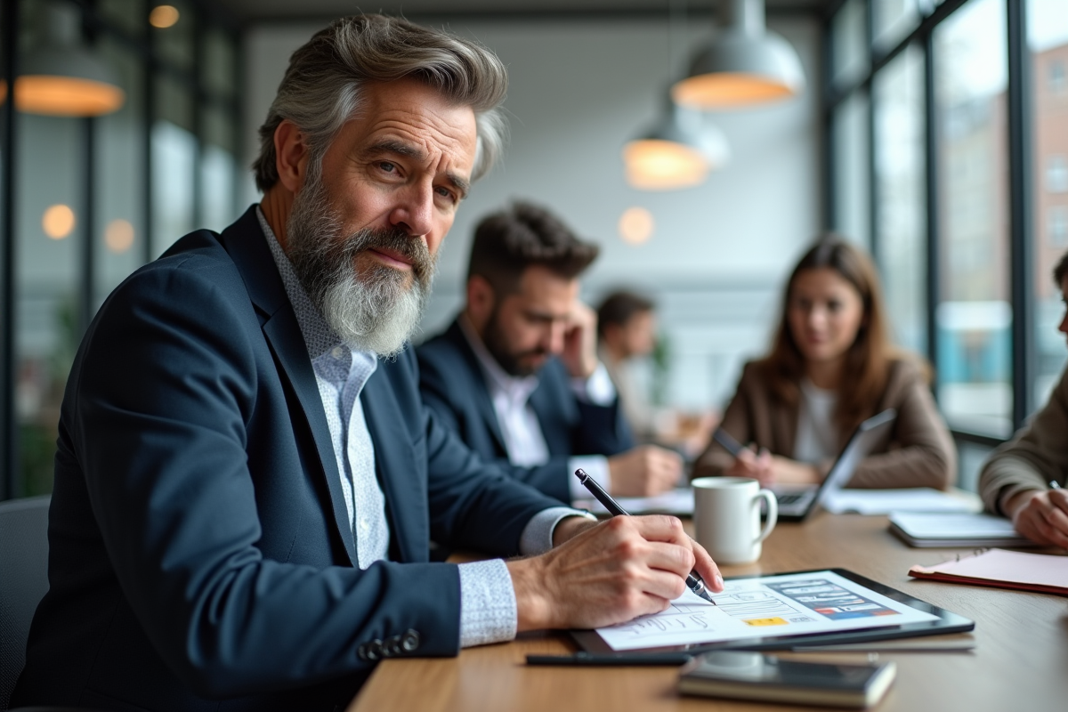 Homme en blazer esquissant un site web sur une tablette dans un espace de coworking