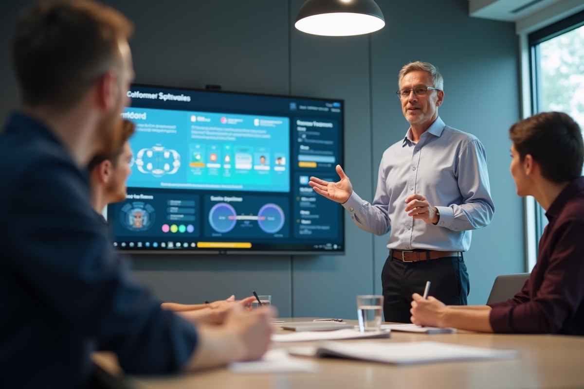 Homme en formation présentant un logiciel en réunion