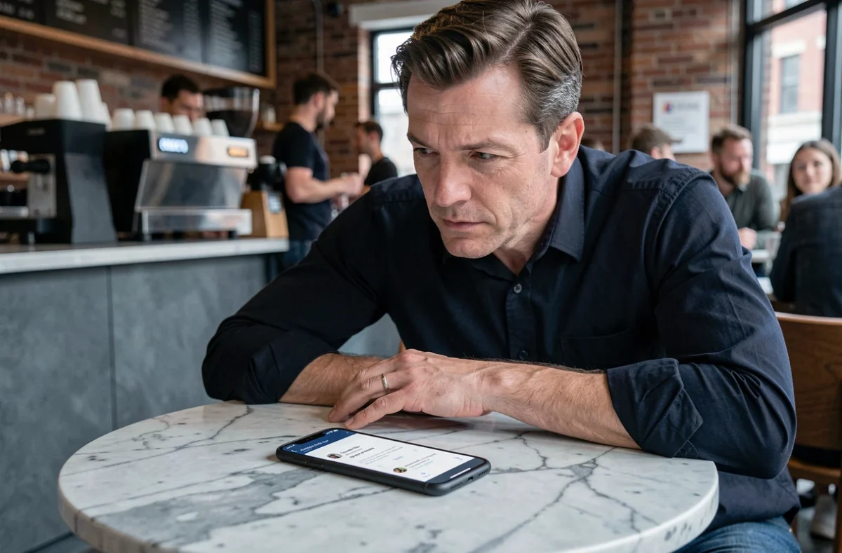 Homme utilisant les fonctions IA du Google Pixel 8a dans un café urbain moderne