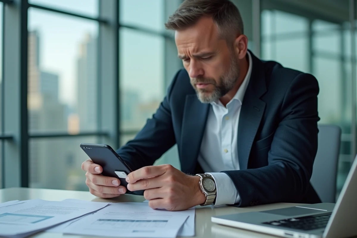 Homme insérant une carte SIM dans un téléphone Android au bureau