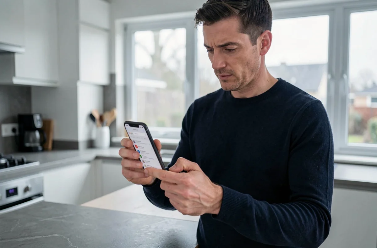 Homme consultant son iPhone pour tester l'astuce Do a Barrel Roll sur le navigateur Google
