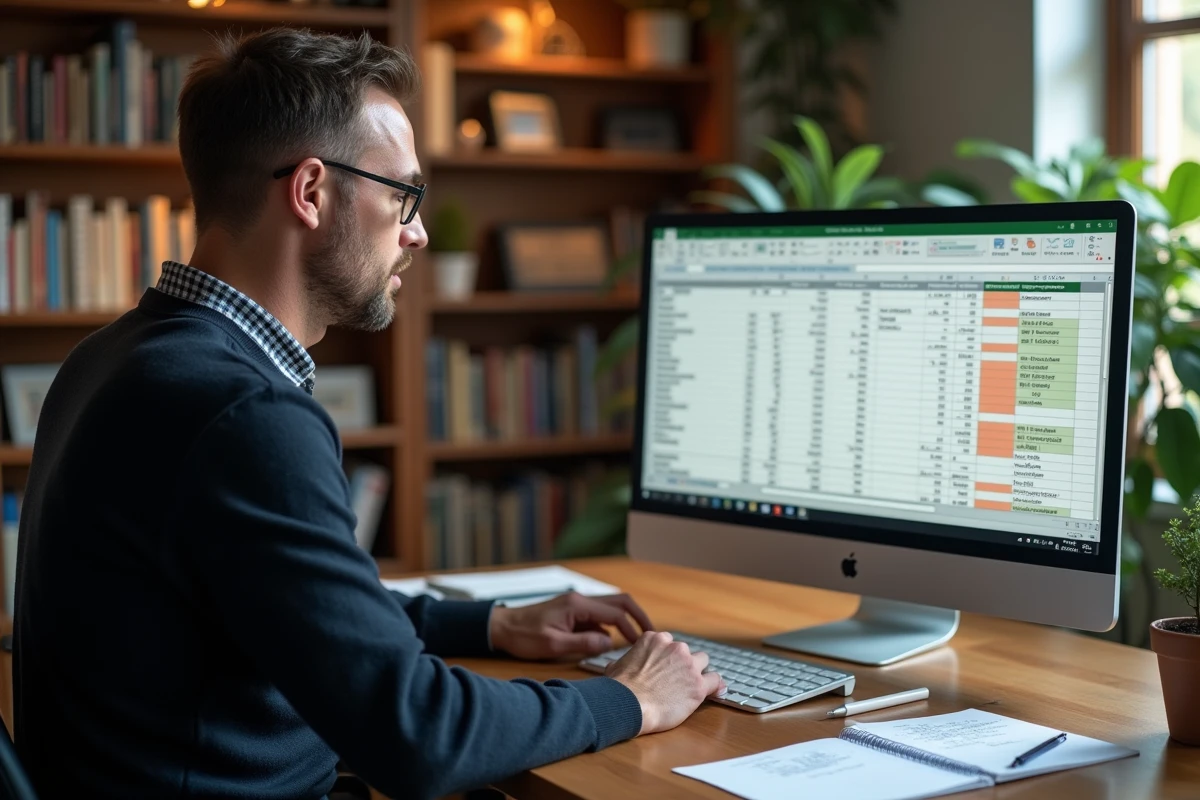 Homme travaillant sur une moyenne pondérée Excel dans un bureau à domicile avec des feuilles de calcul imprimées