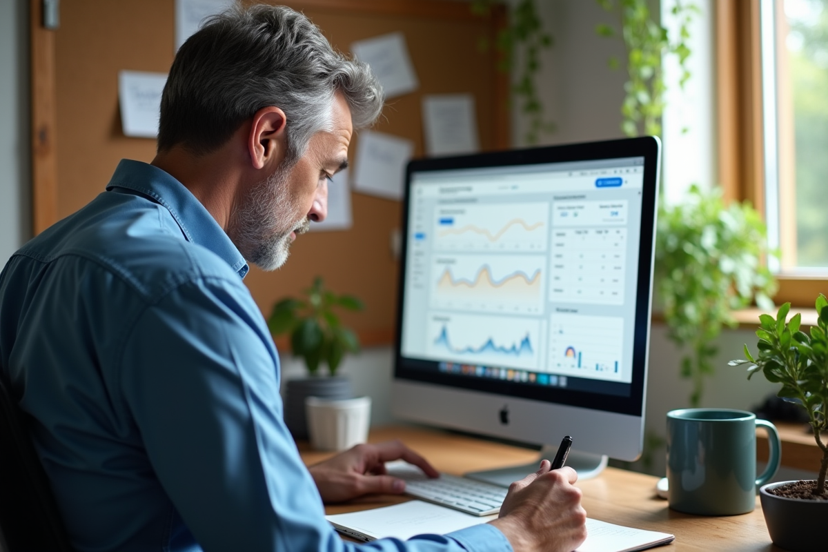 Homme prenant des notes SEO dans un bureau cosy