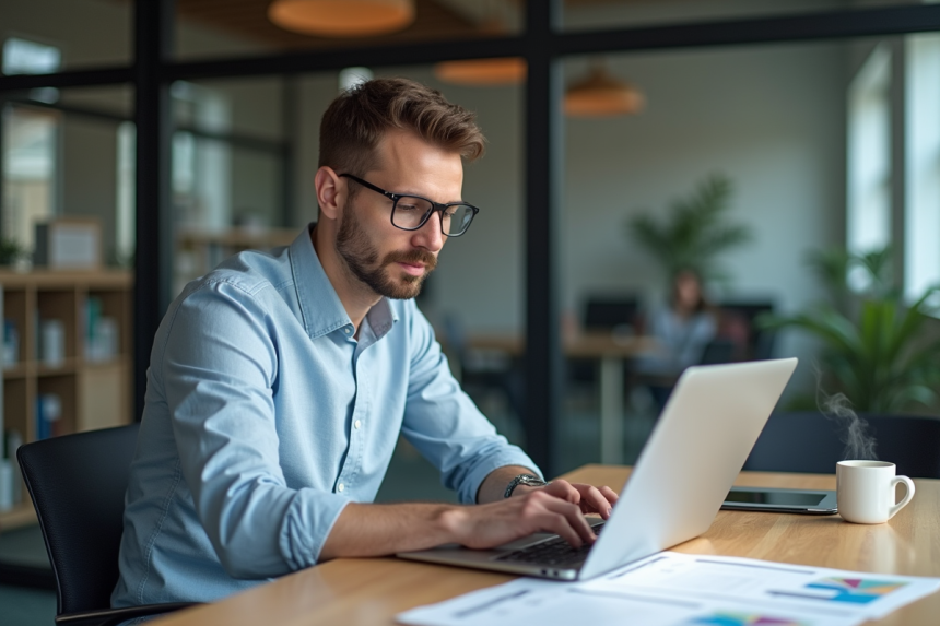 Homme concentré sur son ordinateur avec graphiques SQL