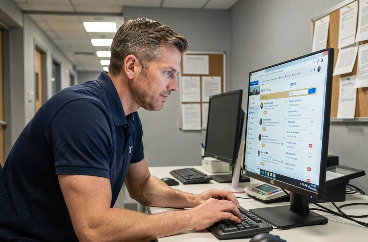 Homme recherchant des messages archivés sur un webmail universitaire depuis un bureau en open space