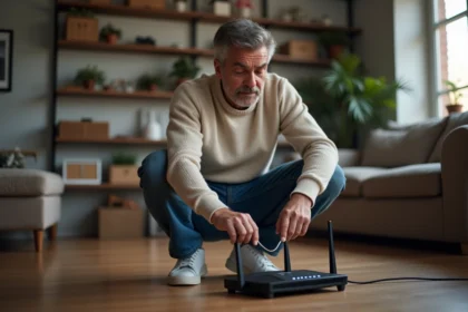 Homme d'âge moyen examine un routeur internet dans le salon