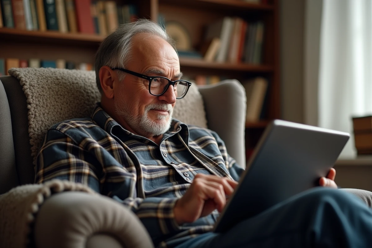 Un homme âgé avec des lunettes utilise une tablette Samsung pour apprendre les gestes de capture d'écran