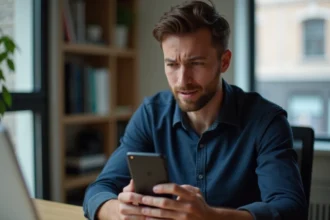 Homme tenant un smartphone Ericsson et vérifiant la compatibilité réseau dans un bureau à domicile moderne
