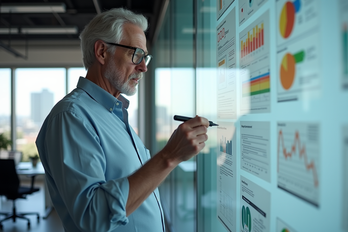 Homme en business casual écrivant sur un mur de stratégie SEO