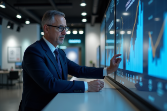Homme d'âge moyen en costume bleu examinant un ordinateur quantique