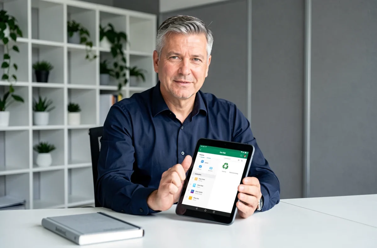 Homme utilisant une tablette Android pour gérer et vider la corbeille de ses fichiers