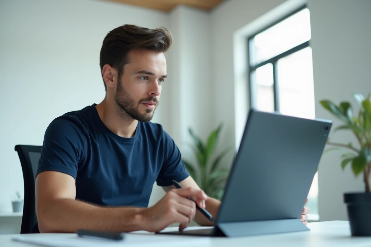 Homme configurant les réglages du presse-papier Android sur une tablette en open space