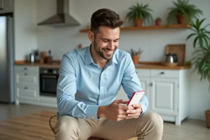 Homme en cuisine avec un téléphone mobile vintage blanc et rouge
