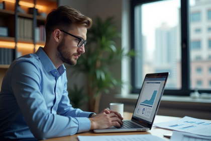 Jeune homme analysant des données sur un ordinateur au bureau