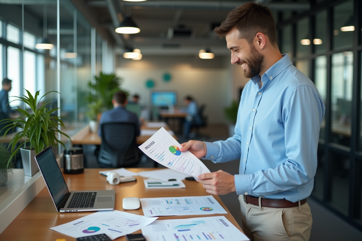 Jeune homme analysant des rapports SEO au bureau