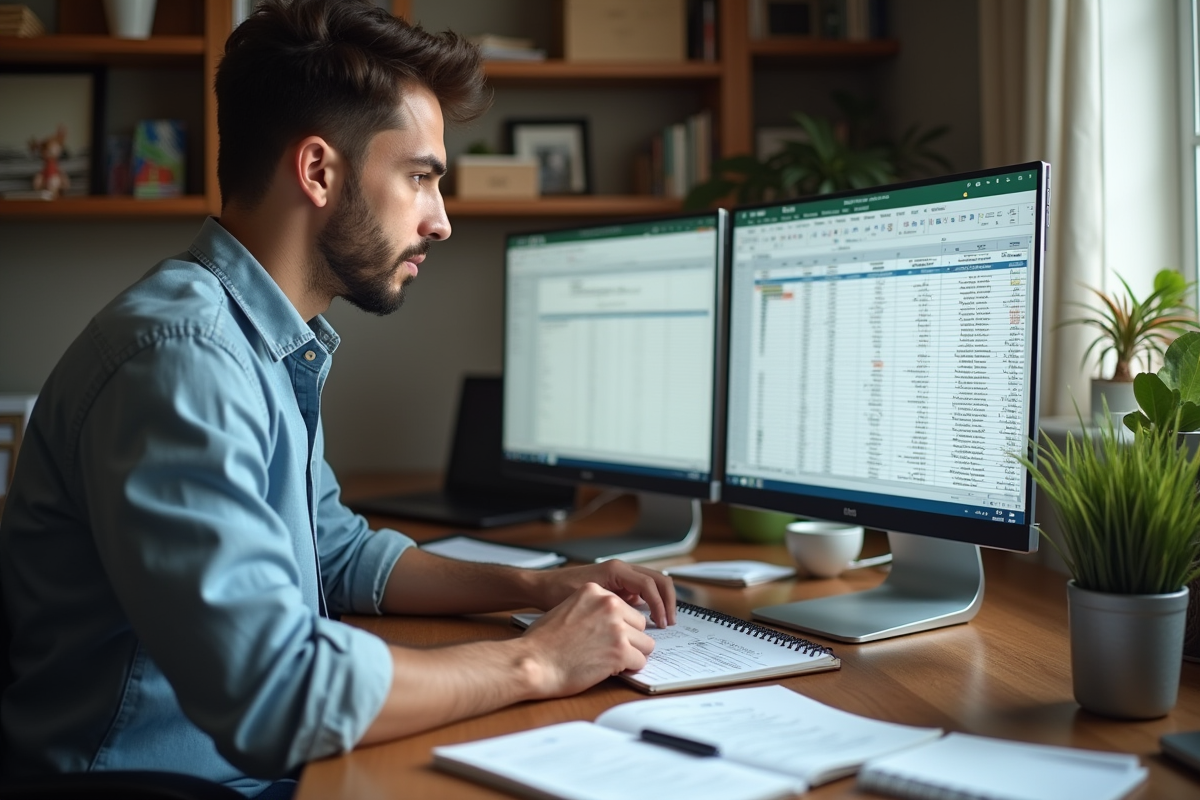 Jeune homme travaillant sur un tableur Excel dans un bureau à domicile