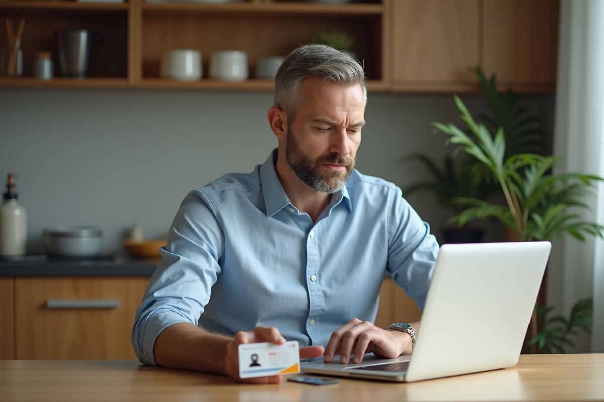 Homme vérifiant son identité avec une carte d identite à la maison