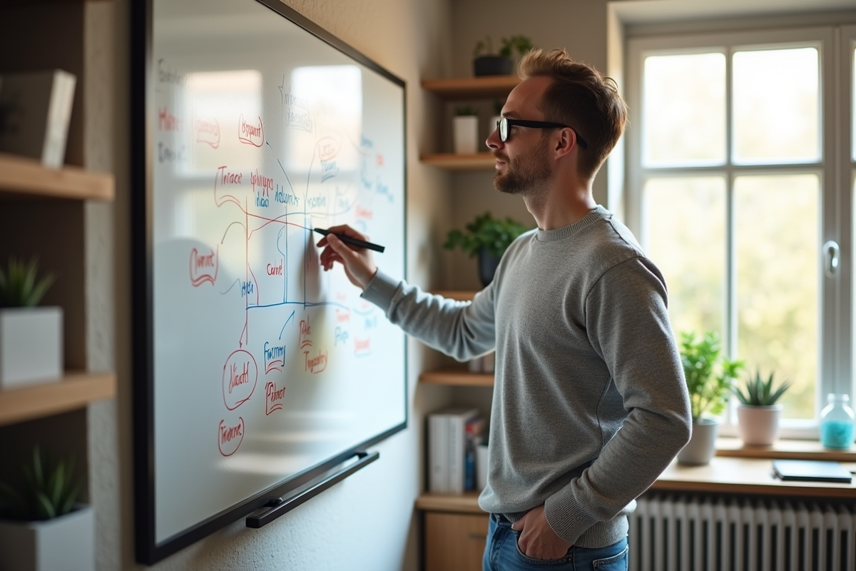 Homme pointant un tableau blanc avec idées SEO