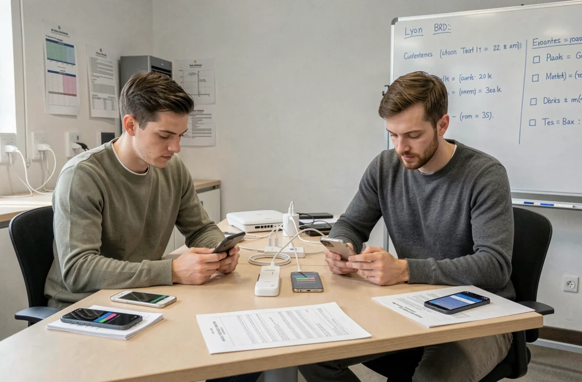 Deux développeurs testant une application sur Android et iOS en parallèle dans un studio lyonnais, représentant l'agence Idean Frog spécialisée en développement Android et iOS à Lyon