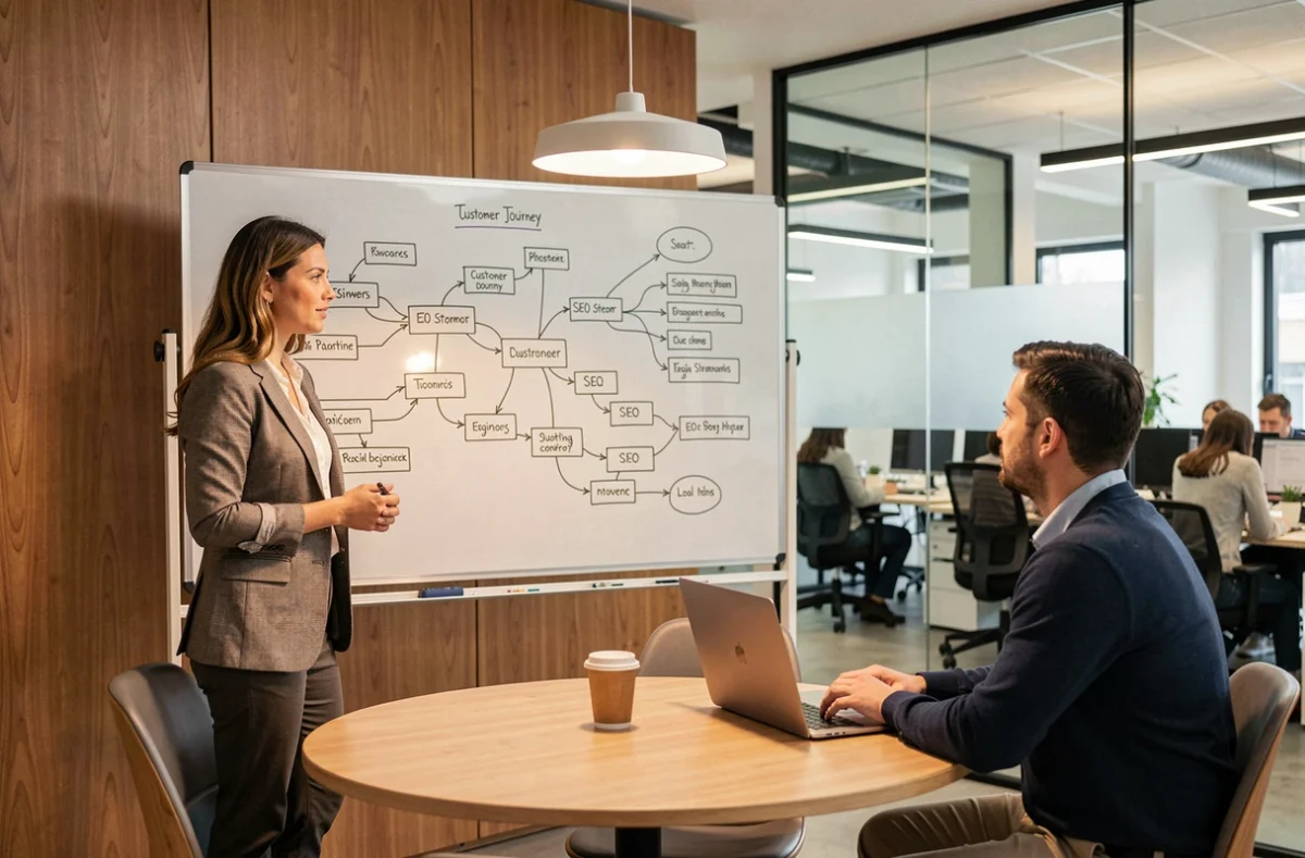Stratège digitale d'Ikiu présentant une stratégie web à un client dans les bureaux de l'agence à Dijon