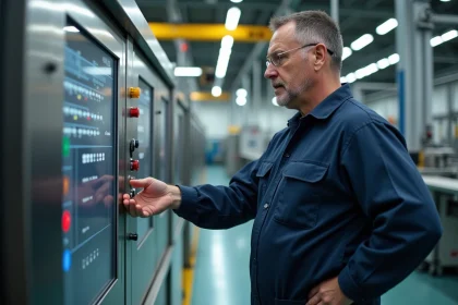 Ingénieur en overalls inspectant un panneau de contrôle industriel