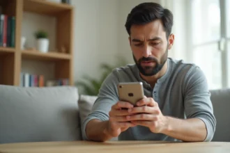Homme inspectant un Huawei P10 Lite d'occasion dans un salon moderne, vérifiant l'état de l'écran avant achat