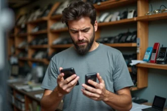 Homme inspectant un Sony Ericsson Walkman d'occasion dans une boutique de téléphones vintage