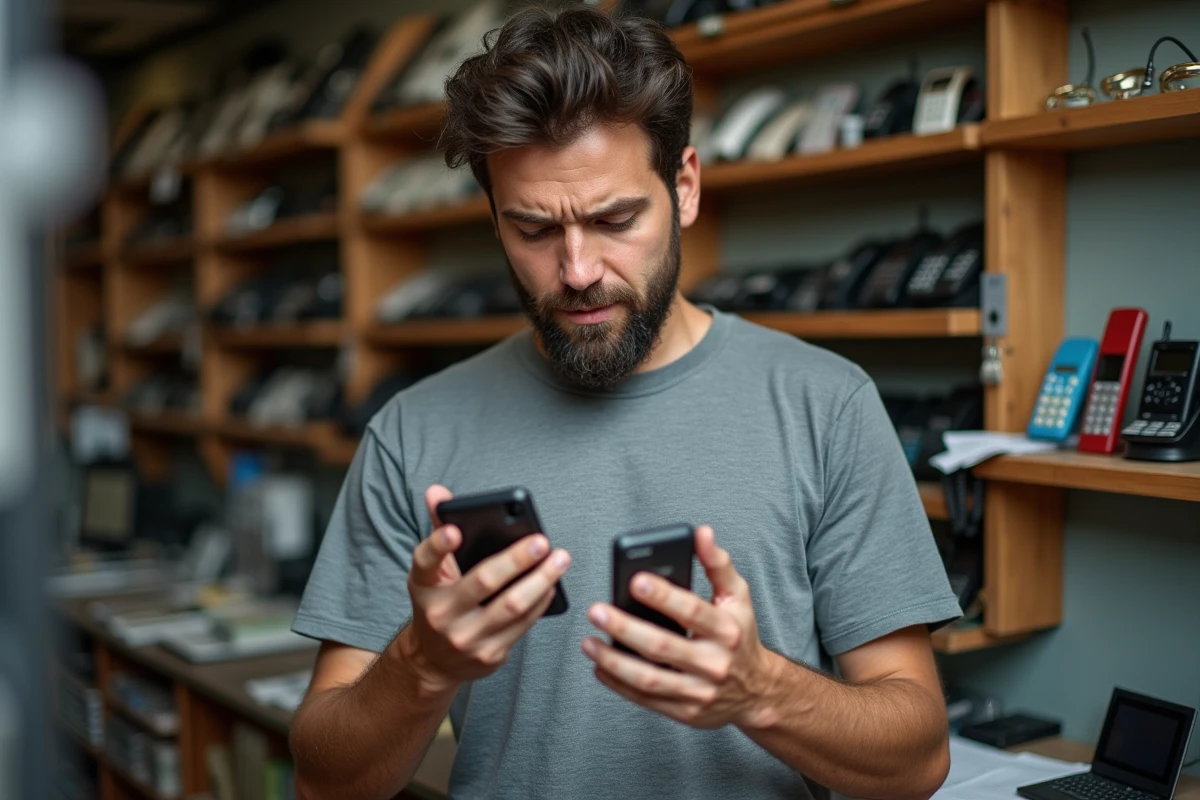 Homme inspectant un Sony Ericsson Walkman d'occasion dans une boutique de téléphones vintage